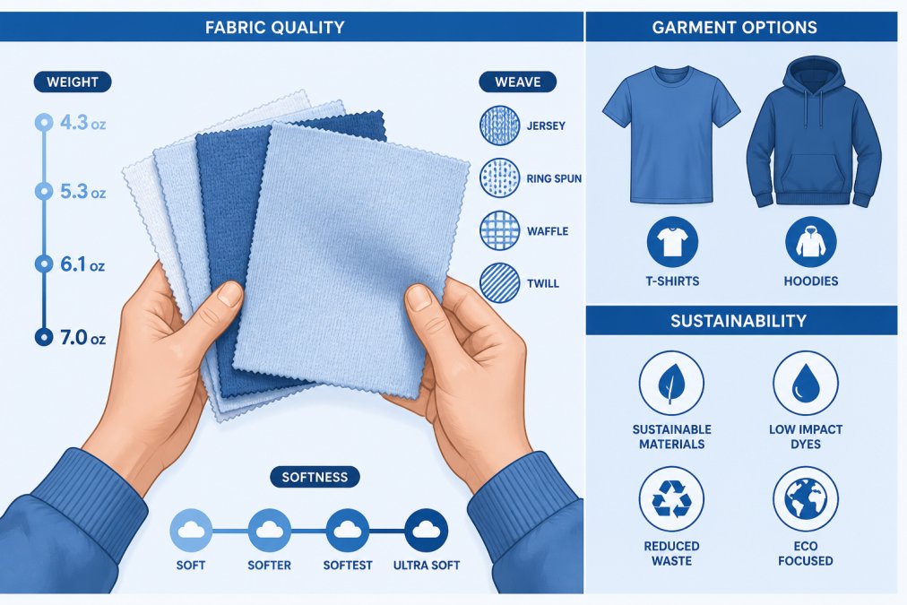 Hands holding premium quality fabric swatches displaying different textures, weights, and weaves, showing material variety and softness