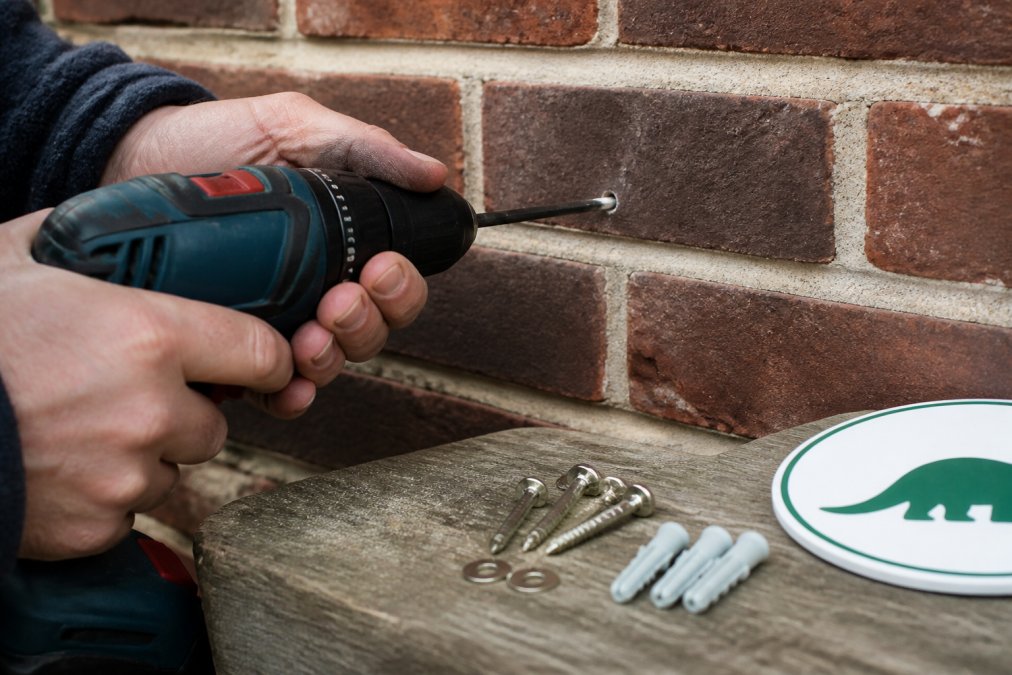 Close-up of hands using a power drill to create holes in a brick wall surface, with stainless steel mounting hardware and anchors visible on a work surface nearby
