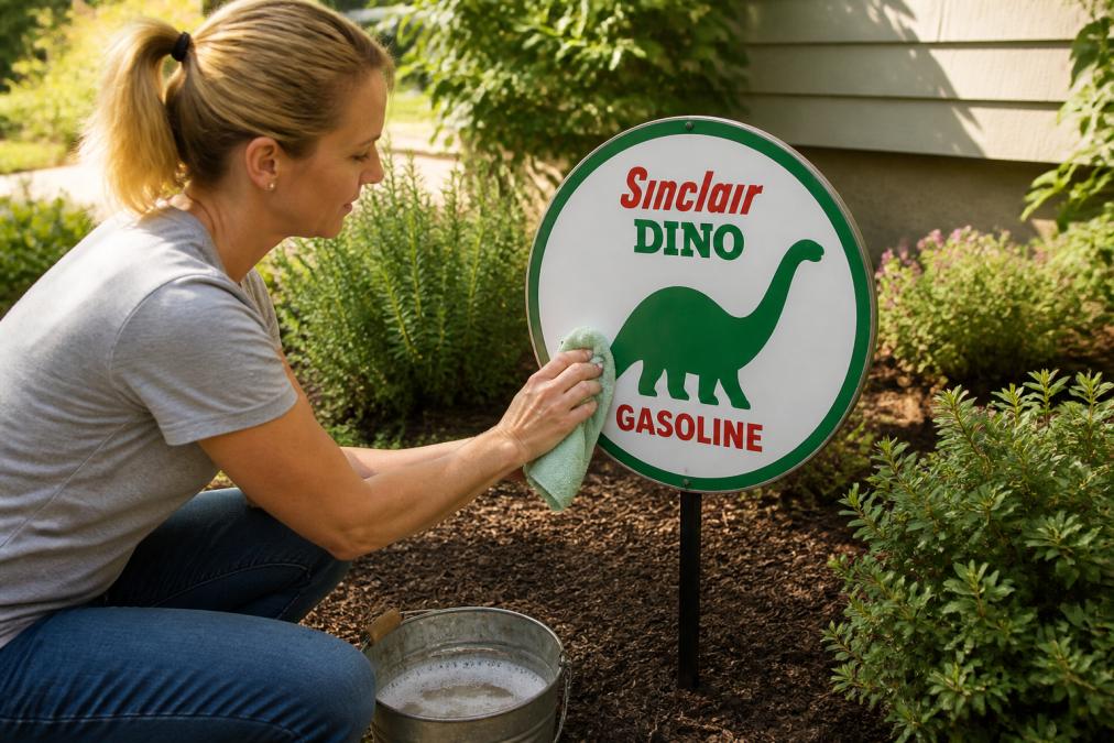 Homeowner gently cleaning an installed aluminum garden sign with a soft cloth and mild soap solution, natural sunlight illuminating the sign's vibrant colors