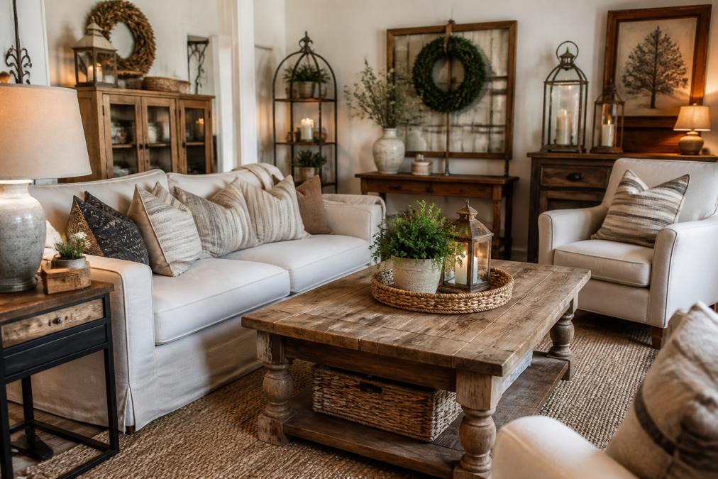 Styled farmhouse living room with layered textures, wooden furniture pieces, wrought iron accents, natural linen textiles, and warm lighting creating a cozy cottage atmosphere