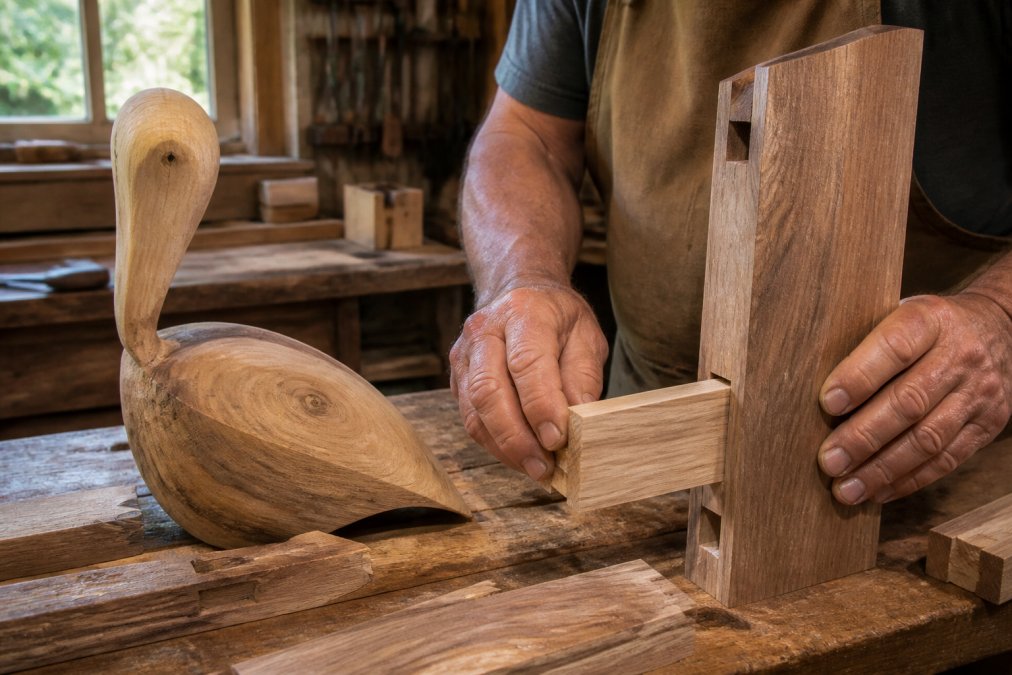 Craftsperson's hands working with natural wood grain, demonstrating hand-sanded finish details and traditional mortise-and-tenon joinery techniques in a warm workshop setting with natural light