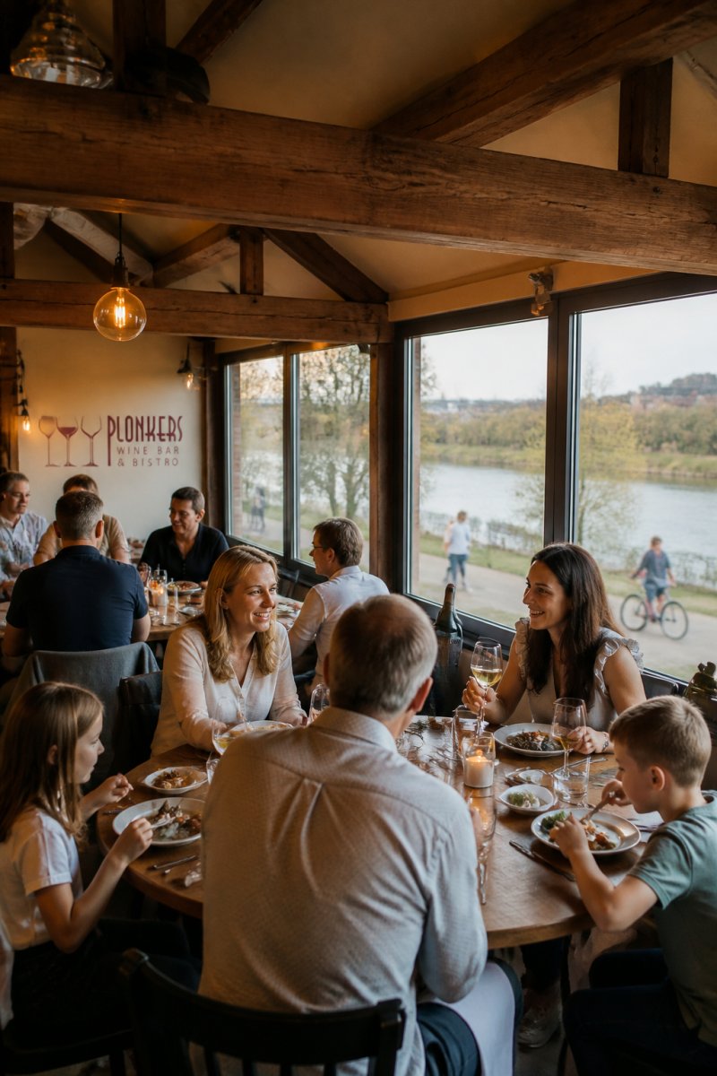 Cosy family-run bistro interior with wooden beams and warm lighting, large windows framing the river, diners at tables with wine glasses and plates of food