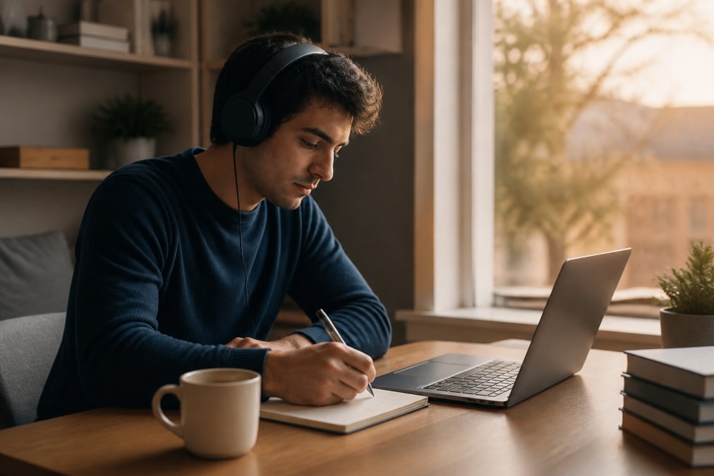 Estudiante adulto trabajando en un portátil con auriculares en una mesa de escritorio con un cuaderno de notas y una taza de café, ambiente de estudio en casa por la tarde