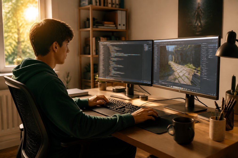 Estudiante programando un nivel de videojuego en dos monitores siguiendo sus rutas de aprendizaje desarrollo videojuegos