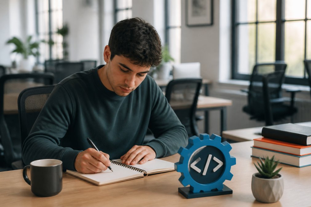 Persona joven en un escritorio abierto, anotando objetivos en un cuaderno con una laptop y una taza de café, luz natural de ventana, expresión concentrada
