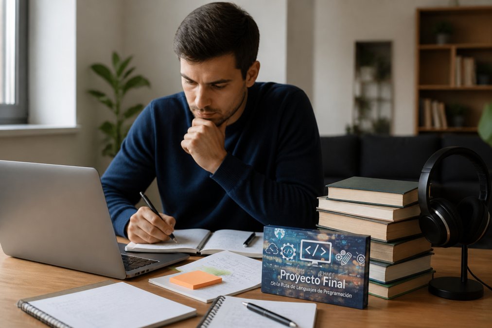 Profesional trabajando en una laptop en un espacio moderno, rodeado de libros de programación y notas, con auriculares colgados, ambiente de aprendizaje activo