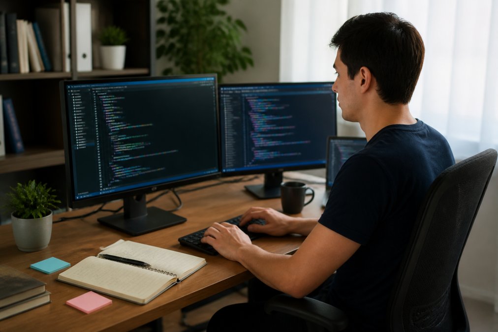 Desarrollador joven trabajando en múltiples monitores en un escritorio moderno, con código visible en pantalla y notas sobre progreso del aprendizaje