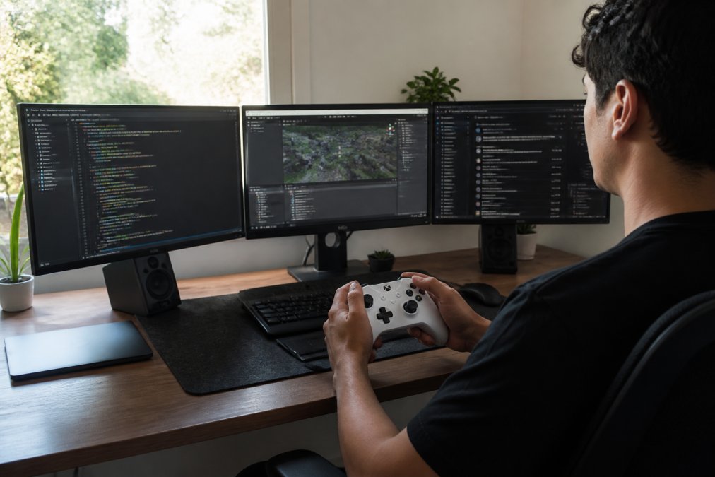 Desarrollador joven trabajando en su portafolio de videojuegos en una estación de trabajo moderna con múltiples pantallas mostrando código fuente en un editor, gráficos 3D en Unity, y una interfaz de GitHub en una tercera pantalla, con luz natural entrando por una ventana