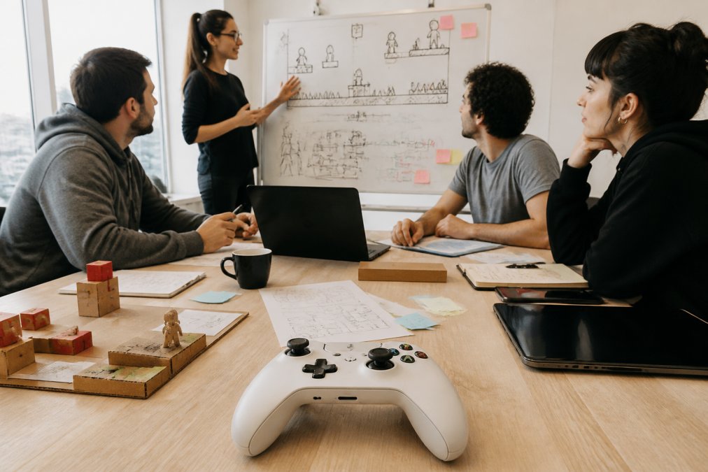 Equipo de desarrolladores de videojuegos colaborando intensamente en una sala de reuniones moderna, con pizarras blancas llenas de diseños de mecánicas de juego, prototipos físicos de controles, y laptops mostrando código de Unity, con luz natural y ambiente profesional pero creativo