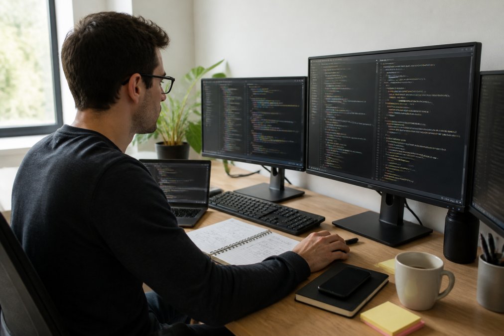 Desarrollador trabajando en rutas de aprendizaje programación web frente a múltiples monitores con código y café.