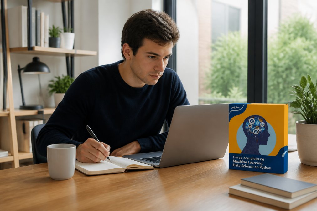 Profesional joven trabajando en su portátil con código en pantalla, en un espacio de trabajo moderno con luz natural, tomando notas en un cuaderno junto a una taza de café