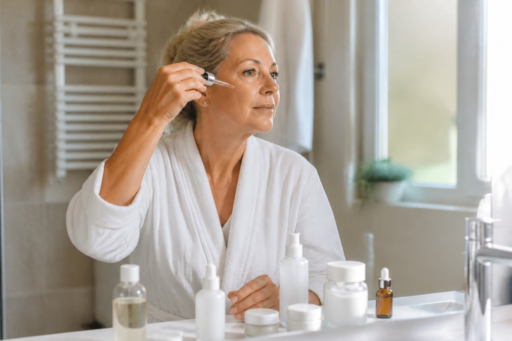 Mujer madura aplicándose sérum en el rostro por la mañana en un baño bien iluminado, con productos de skincare organizados en la encimera