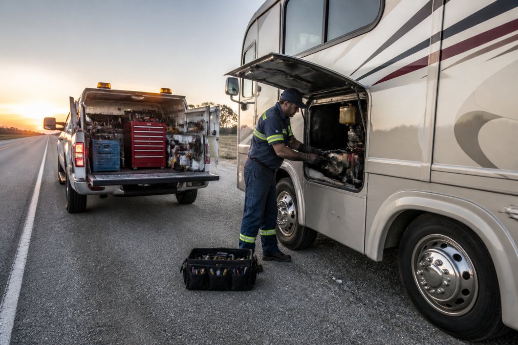 Fully equipped mobile diesel repair service truck parked on the shoulder of a highway at dawn, with a technician using computer diagnostics on a diesel RV, tools visible in the truck bed