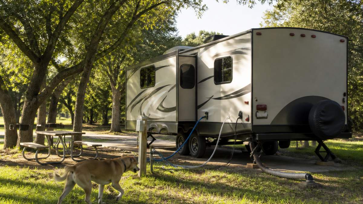 Infographic illustrating essential hookup connections for a successful rv in place rental at a shaded campsite.