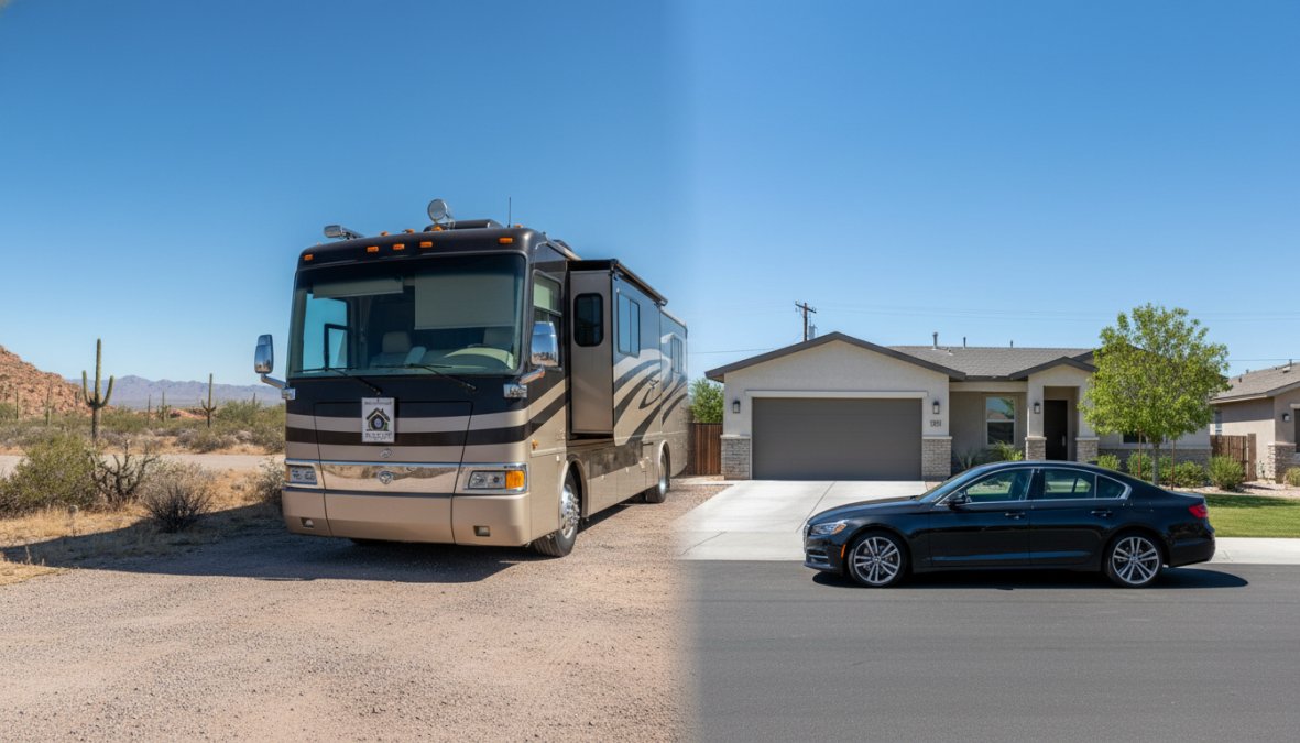 A large Class A motorhome parked on a scenic desert highway in Nevada, sun-bleached red rock formations in the background under a wide blue sky, emphasizing the vehicle's massive scale compared to a standard passenger car