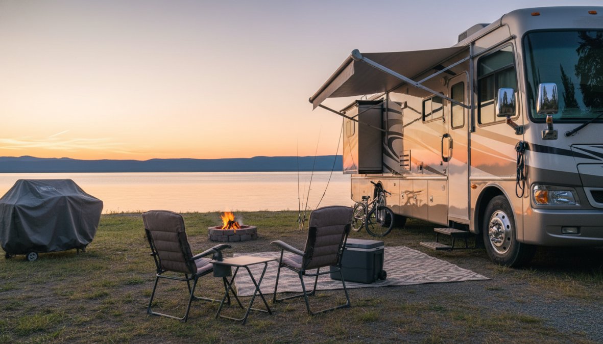 A couple in their 50s sitting in folding camp chairs outside a white travel trailer at a sunny RV park, an extended awning overhead, potted plants arranged near the door, and a relaxed home-like setup suggesting permanent living rather than a weekend trip
