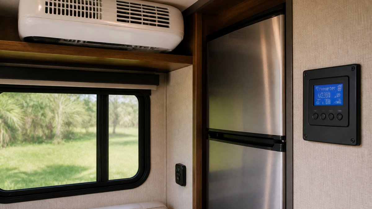 Interior of an RV showing a roof-mounted 15,000 BTU air conditioner unit above a side window, a stainless steel 110-volt refrigerator, and a wall-mounted control panel displaying an inverter digital display showing watts and voltage