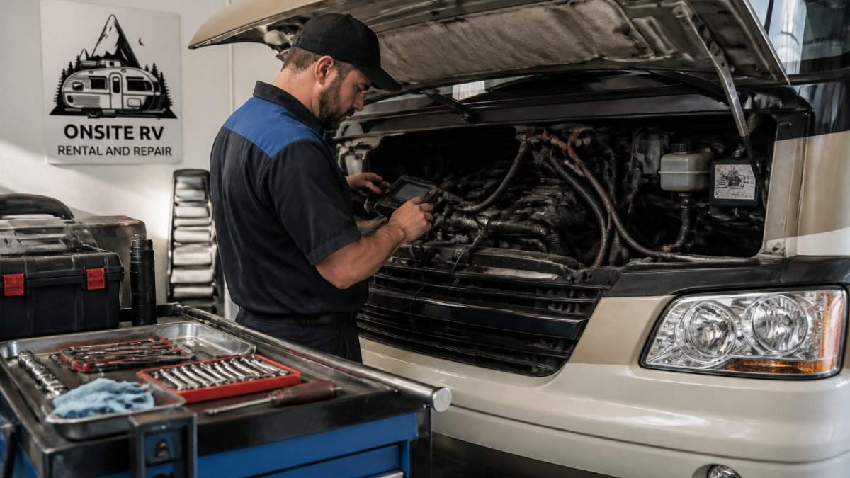 Professional RV technician performing diagnostic testing on a motorhome engine using specialized diagnostic equipment in a well-lit service bay