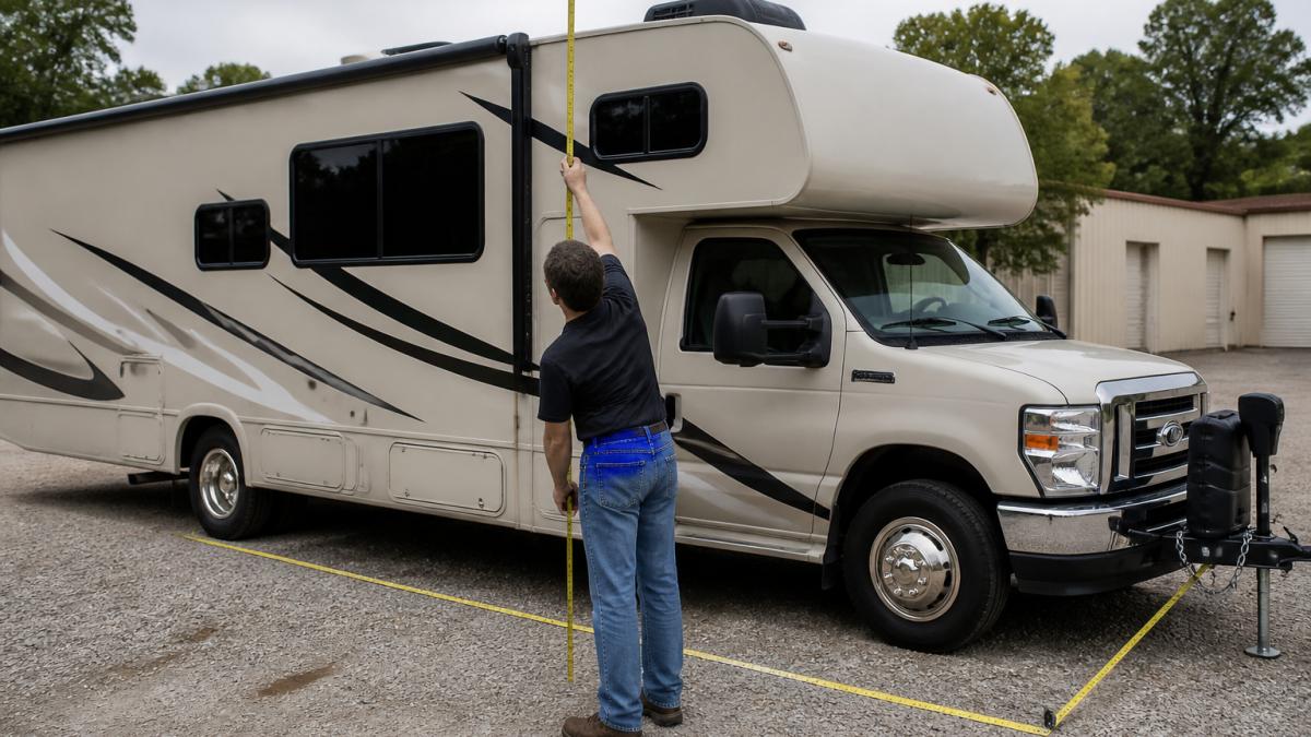 RV owner measuring the length and height of a motorhome with a tape measure, showing key measurement points on the exterior including hitch extension and roof air conditioner unit