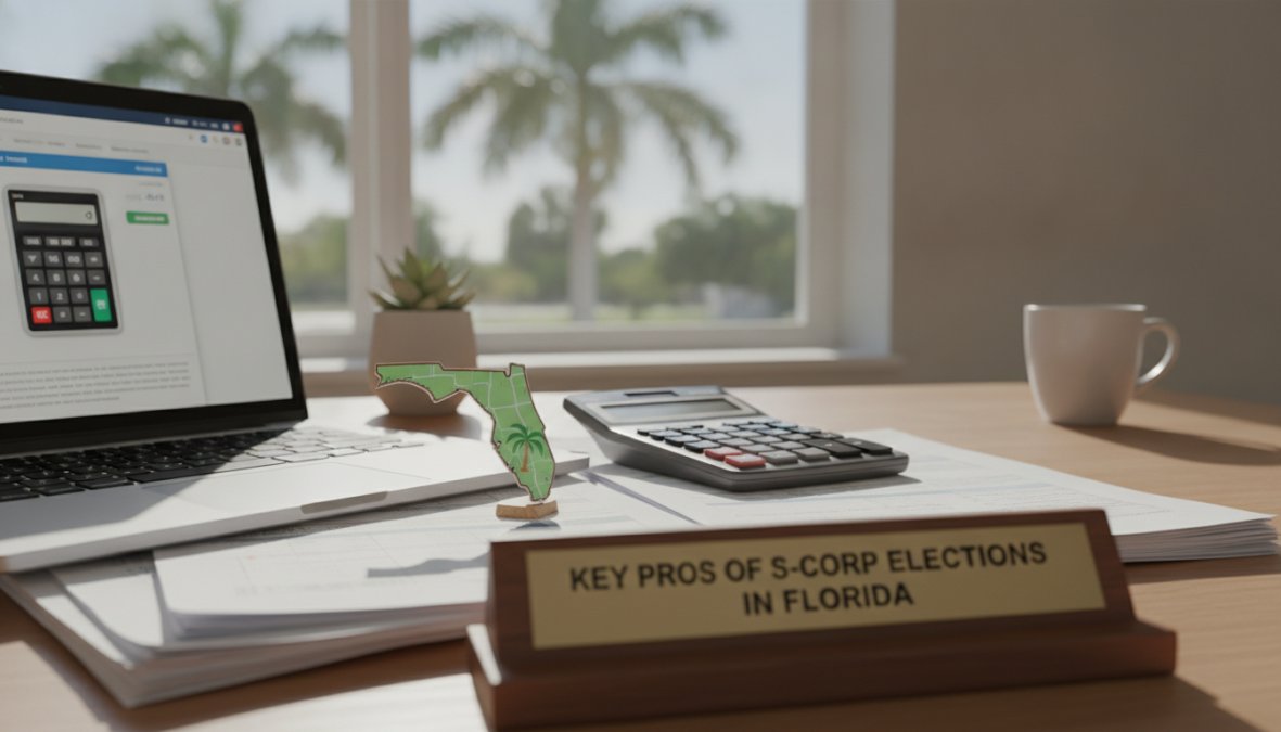 A Florida-based business owner reviewing tax documents and financial statements at a desk with a calculator and laptop, warm office lighting in a modern [Coral Springs](/business-contract-lawyer-coral-springs/) office setting