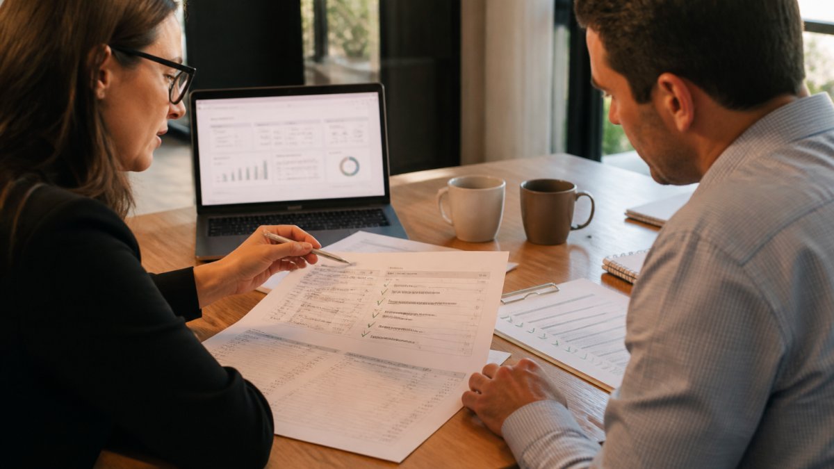 An accountant and a SaaS founder reviewing printed financial statements at a wooden desk, a laptop showing a revenue dashboard beside a marked-up close checklist and two coffee cups, warm afternoon light