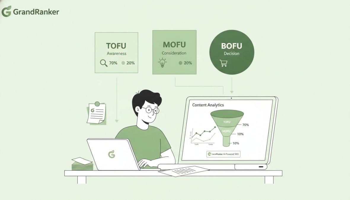 Startup founder reviewing content strategy notes and analytics on a laptop, with sticky notes showing TOFU, MOFU, and BOFU stages on the wall behind them, natural office lighting