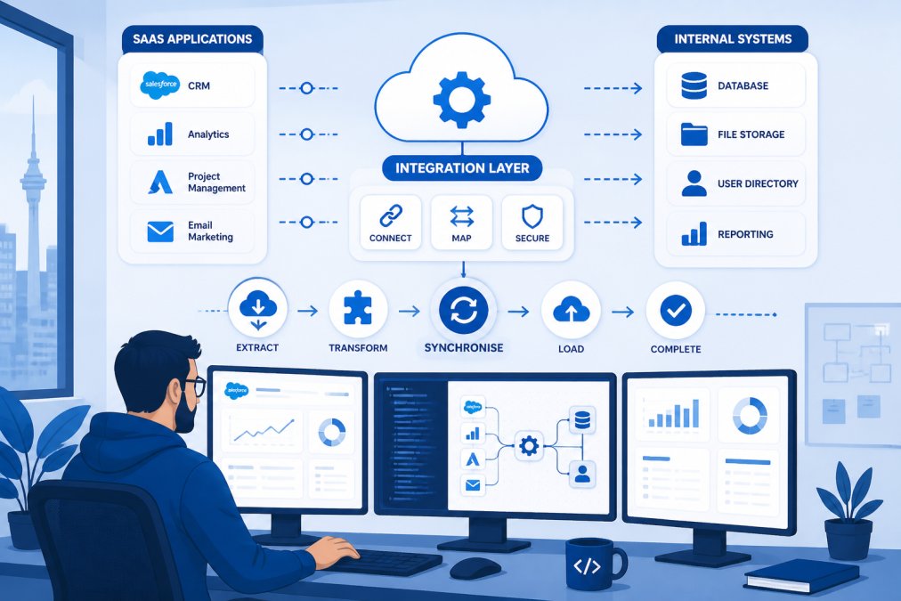 Software developer working at desk with multiple monitors displaying cloud application dashboards and data synchronization workflows, natural office lighting showing active code and integration screens