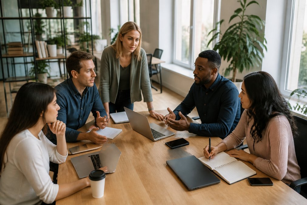 Small business team meeting in modern office space with laptops and notebooks visible, discussing strategy and collaboration around integration decisions, natural daylight from windows