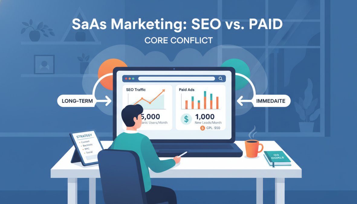 A SaaS founder sitting at a desk reviewing two open browser tabs on a laptop, one showing an analytics dashboard with organic traffic, another showing a paid ads campaign, with a notepad and coffee nearby in a modern home office