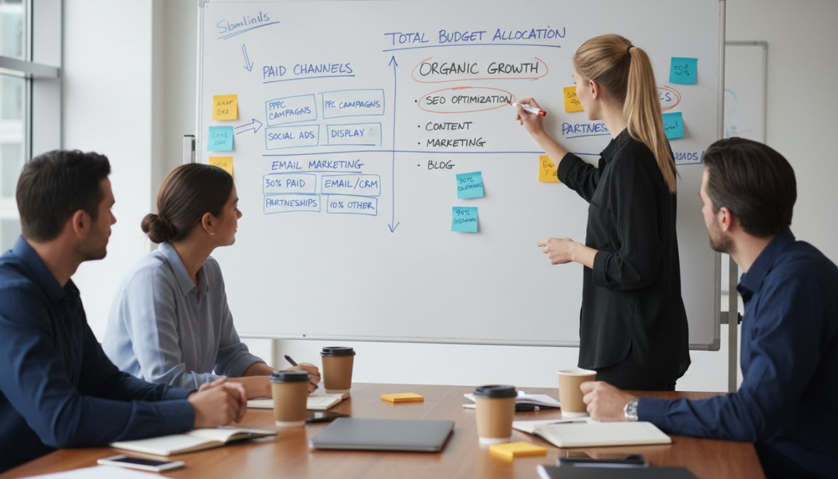 A small marketing team gathered around a whiteboard covered in budget allocation notes and channel strategy labels, with one person pointing to a section labeled 'organic growth' in a bright collaborative workspace