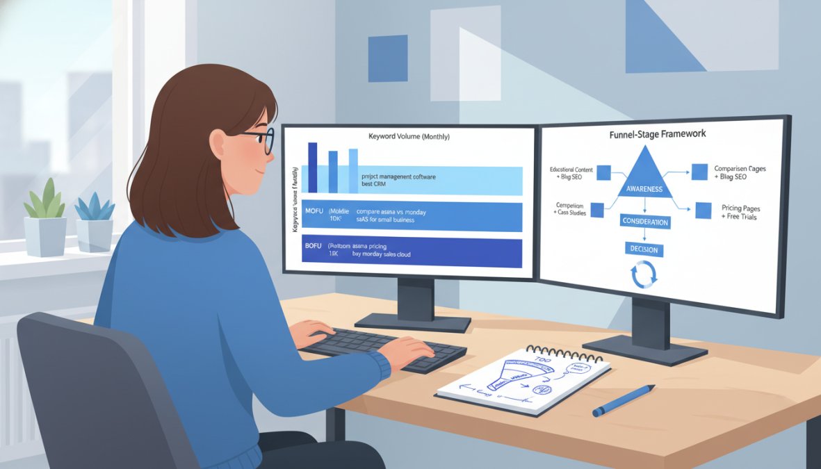 A SaaS marketer sitting at a desk with dual monitors showing keyword research data, a notepad with funnel sketches beside them, bright modern home office setting with natural light