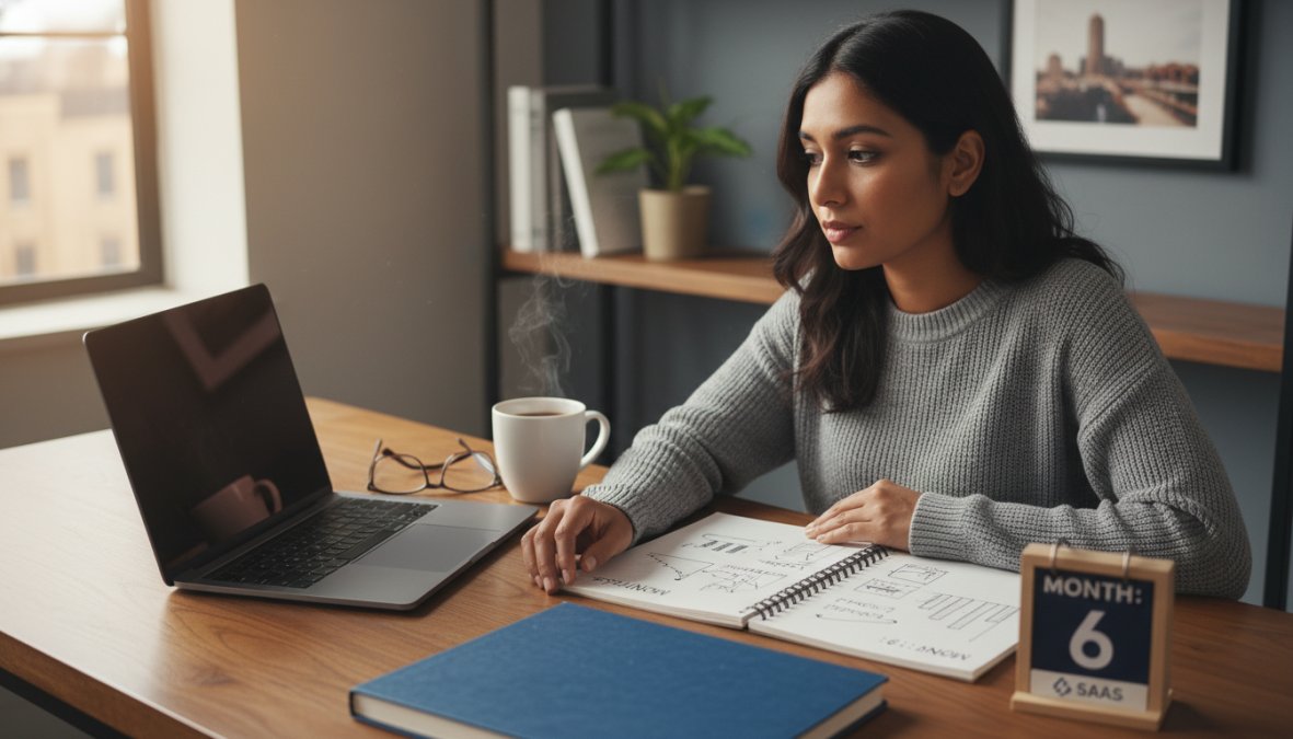 A focused founder sitting at a desk reviewing a laptop screen showing analytics dashboards, with a notebook and coffee nearby in a modern home office, warm natural light coming through a window