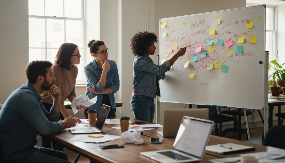 A small startup team gathered around a whiteboard covered in strategy notes and sticky notes, one person pointing at a section while others listen attentively, bright modern office space with afternoon light