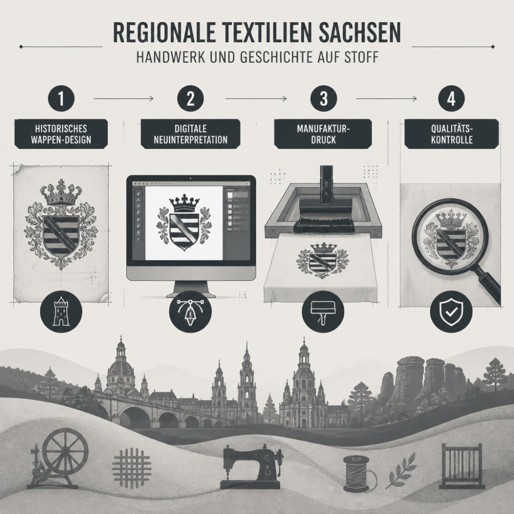 Prozess-Diagramm der Textilherstellung: Historisches Wappen-Design → Digitale Neuinterpretation → Manufaktur-Druck → Qualitätskontrolle
