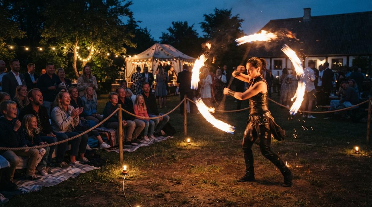 Professionel ildartist optræder med flammer foran et publikum, når du skal book professionel ilddans til din fest.