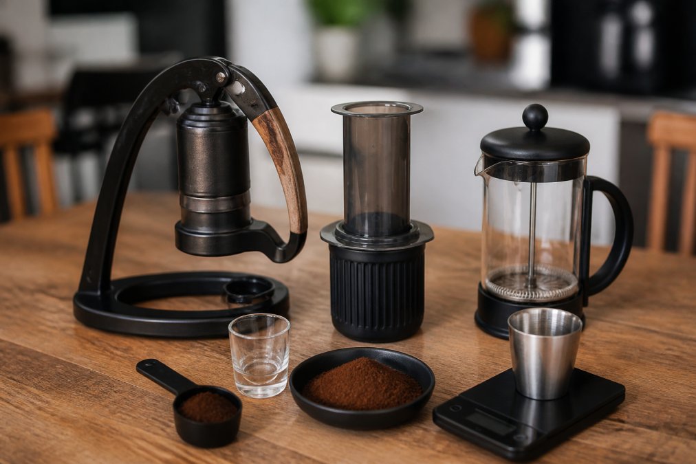 Udvalg af manuelle espressoapparater, håndholdt presser, AeroPress og stempelkande, ordnet på træbord med fintmalede kaffebønner, målekop og vægt
