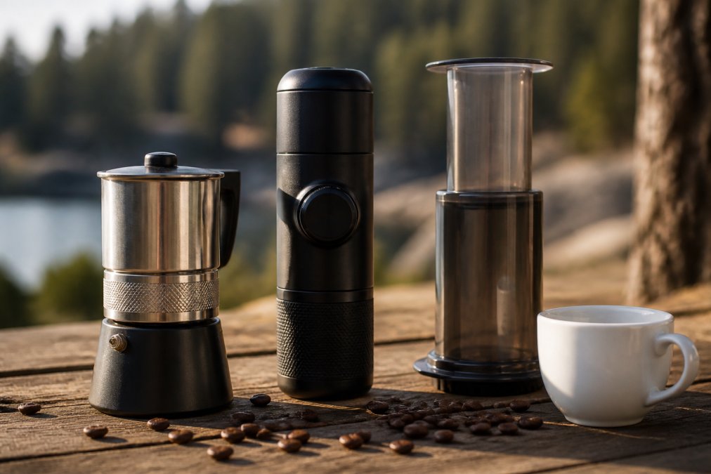 Tætbillede af en espressokande, håndholdt espressomaskine og Aeropress opstillet på en outdoor-bænk med spredte kaffebønner, en hvid kop og naturlig dagslys der skinner på udstyret