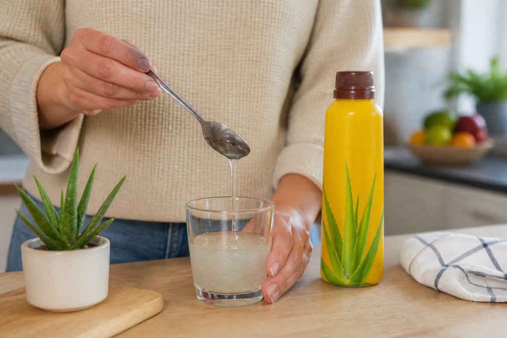 Hænder der måler aloe vera drik i et glas med en spiseskefuld, med en flaske Forever Aloe Vera ved siden af på et køkkenbord