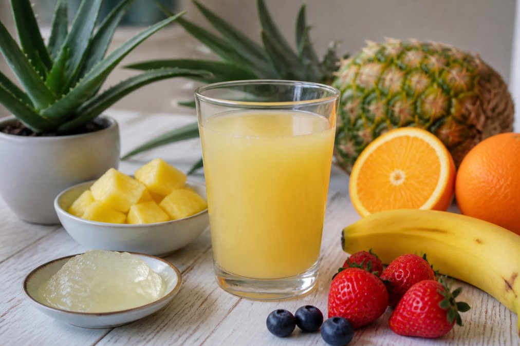Et glas med aloe vera drik blandet med frugtjuice eller smoothie, omgivet af friske frugter på et lyst bord