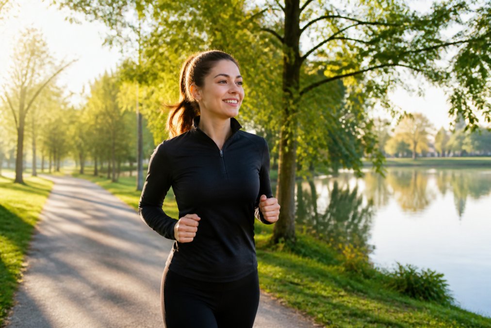 Person jogging outdoors in morning sunlight through park setting, showing active lifestyle with natural movement and fresh air for gut health