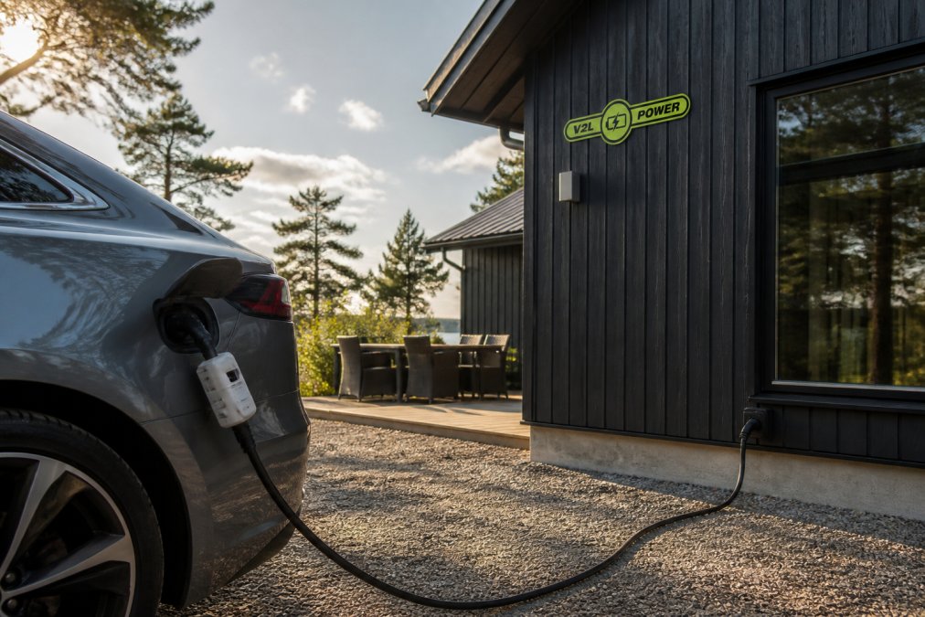 Elektroauto novietots pie vasarnīcas ar V2L adapteri, kas pievienots 2. tipa portam, kabelis iet līdz mājai, dabiskais apgaismojums pēcpusdienā
