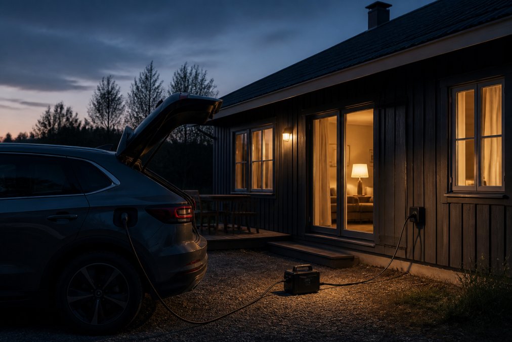 Mājiņa tumsā ar ārpusē novietotu elektroauto, strāvas padeve mājai pa V2L kabeli, iekštelpās ieslēgts avārijas apgaismojums, krēsla