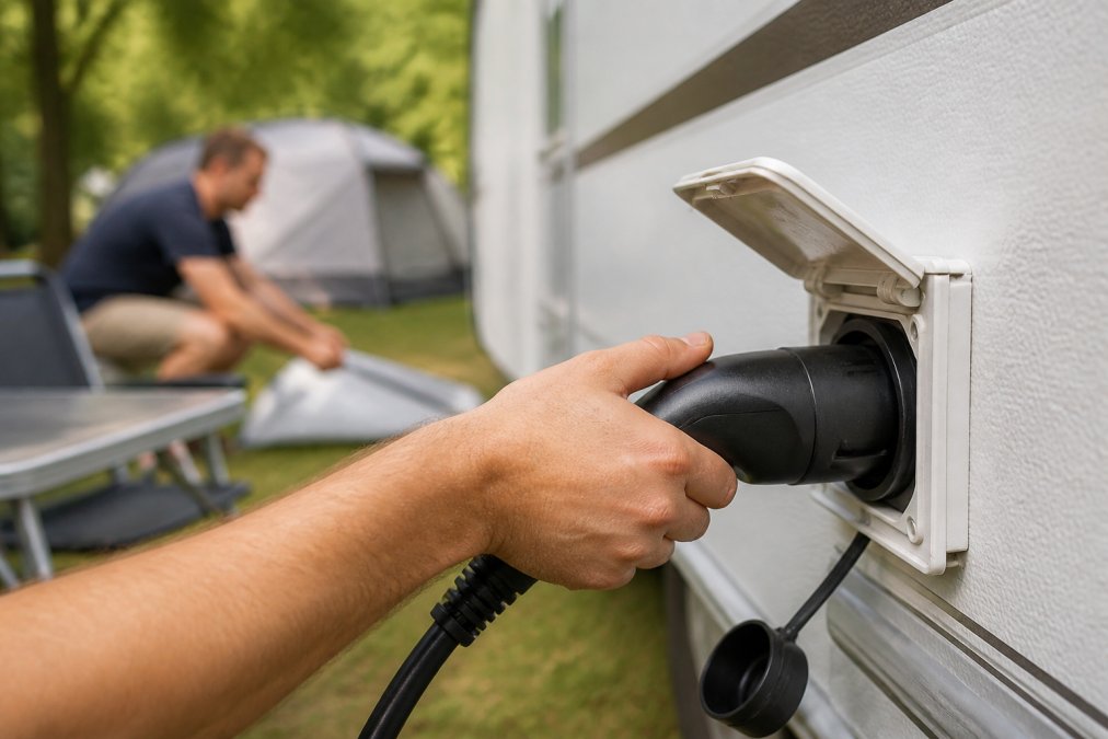 Close-up of Type 2 cable being connected to a caravan's external power inlet at a campsite, with camper in the background setting up in natural daylight