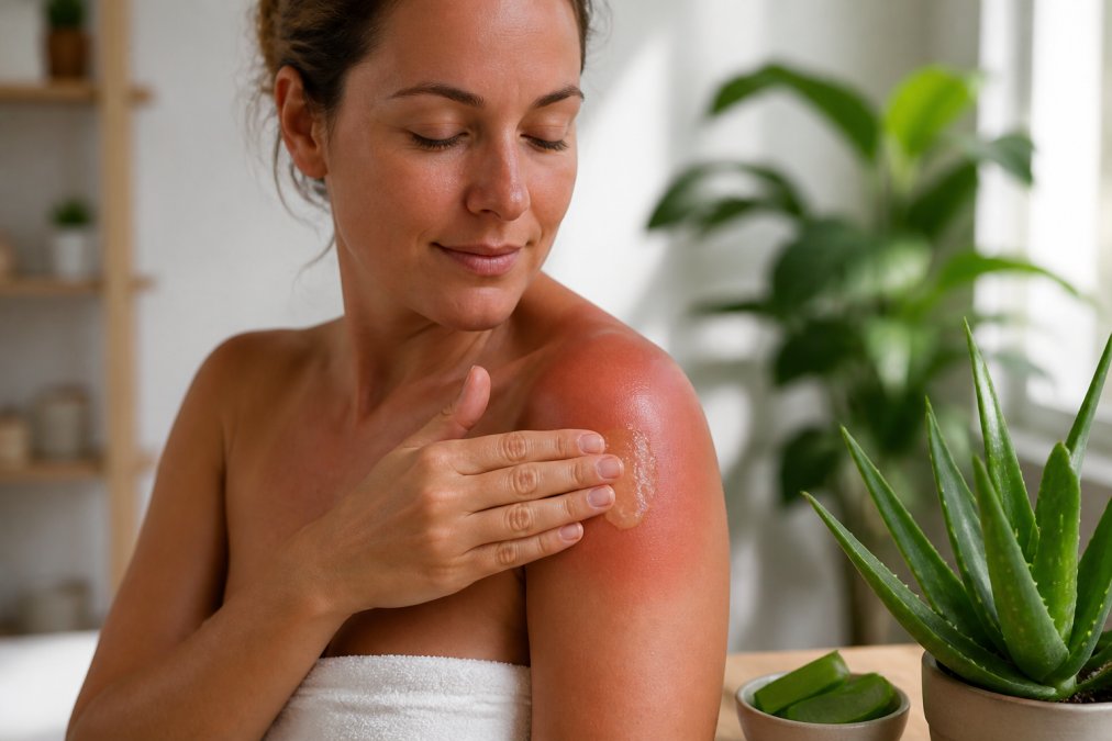 Person, der påfører kølig, transparent aloe vera gel på solbrændt skulder, ansigt viser lindring, gelen glimrer i naturligt lys
