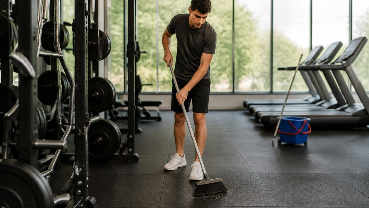 En medarbejder i et fitnesscenter fejer støv og snavs af et sort gummigulv mellem vægtstænger og løbebånd, dagslys fra store vinduer, moppe og spand i baggrunden
