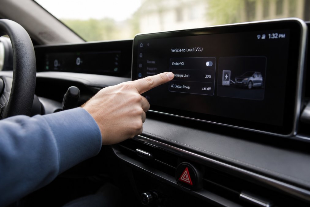 Bilens infotainmentsystem visar V2L-meny med aktiverings- och ströminställningar, med handen som pekar på V2L-aktiveringsvalet