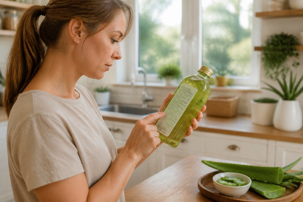 A person holding a bottle of aloe vera gel and reading the ingredient list on the back label in a bright, natural kitchen setting