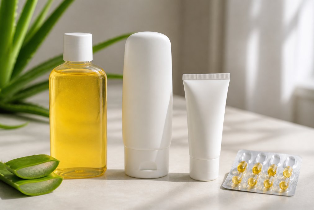Fladt arrangement af forskellige aloe vera produkter på en lys overflade: en gennemsigtig flaske med gul aloe vera saft, en hvid flaske med gel, en lille tub med hudpleje creme og en blister med kapsler, fotograferet i naturligt lys
