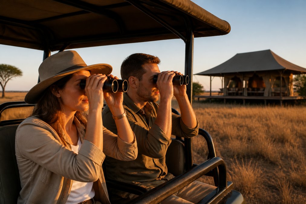 A couple seated in an open-sided safari vehicle at golden hour, scanning the Serengeti savannah with binoculars, warm amber light across the grassland, a luxury tented lodge with canvas walls and a wooden deck visible softly in the background