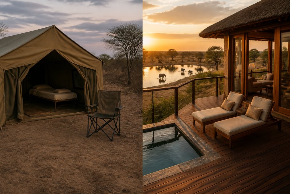 Two contrasting safari accommodation scenes side by side: on the left, a simple canvas tent with a basic camp bed and folding chair on bare ground at dusk; on the right, an elevated luxury lodge suite with a private timber deck, plunge pool, and two lounge chairs overlooking a waterhole at golden hour